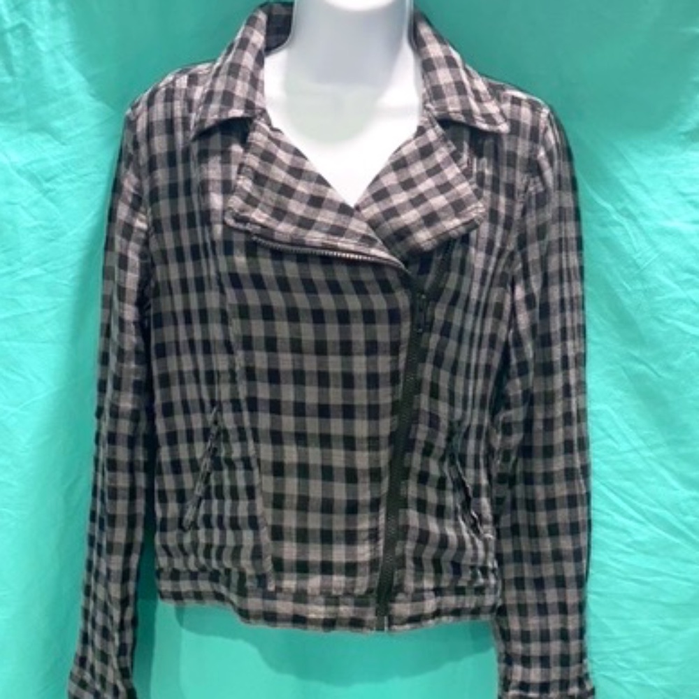 Grey & Black Checkered Cloth Zipper Front Jacket